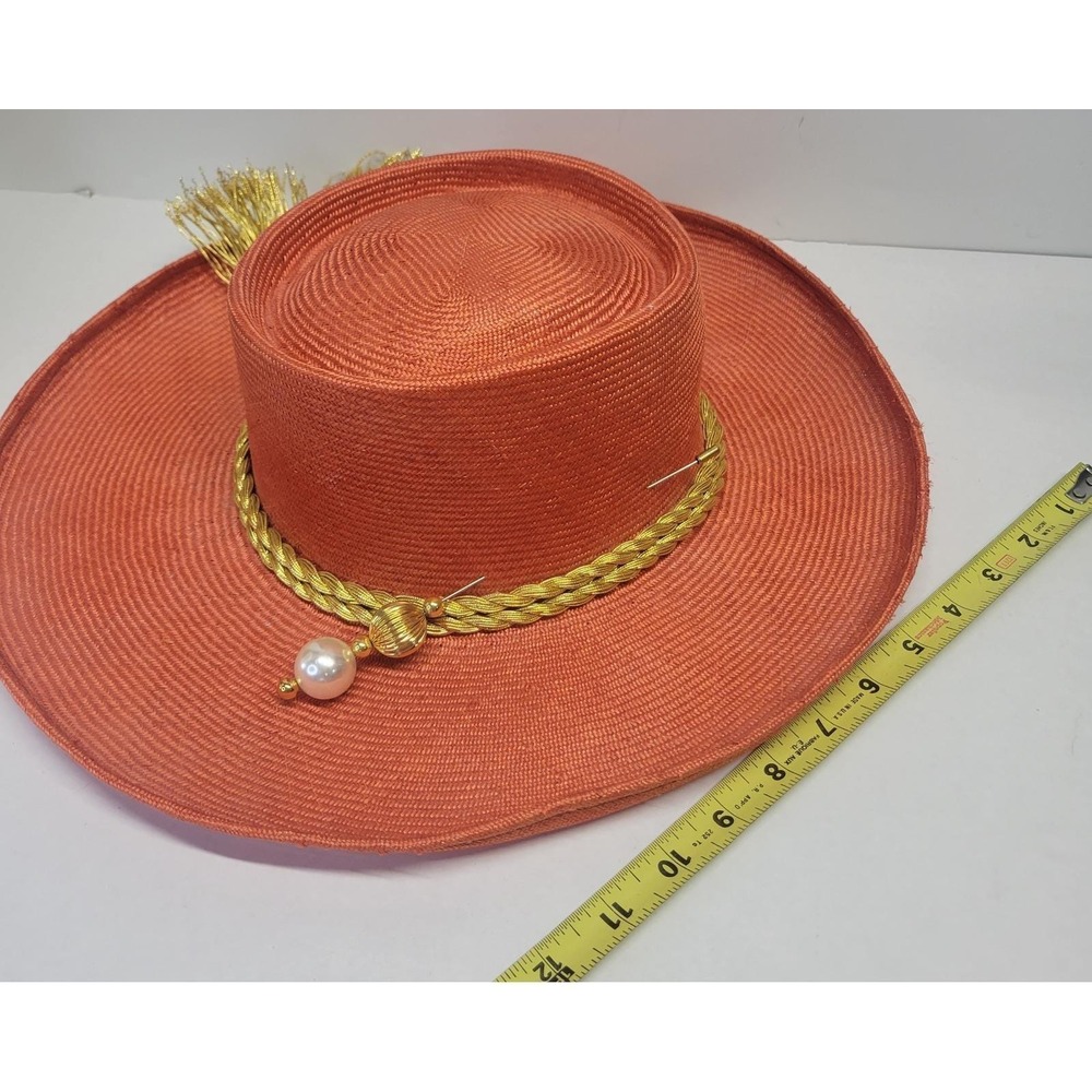 Adolfo II Vintage Wide Brim‎ Straw Hat Burnt Orange Gold Rope Tassel Pearl Pin - Picture 10 of 16